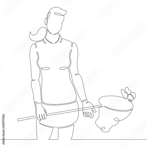 Scientist naturalist entomologist with butterfly net in hand catching butterflies. One continuous drawing line, logo single hand drawn art doodle isolated minimal illustration.