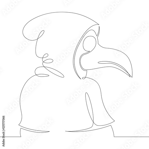 Head mask hood historical plague doctor. One continuous drawing line, logo single hand drawn art doodle isolated minimal illustration.