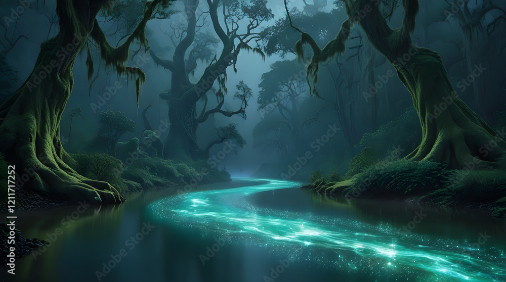 Obraz premium A river glowing with luminous liquid, winding through a dark, mysterious forest. 