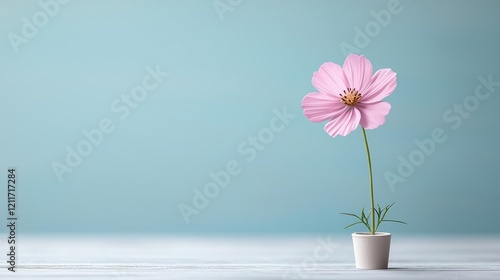 Wallpaper Mural Pastel spring idea. A delicate pink flower in a white pot against a soft blue background. Torontodigital.ca