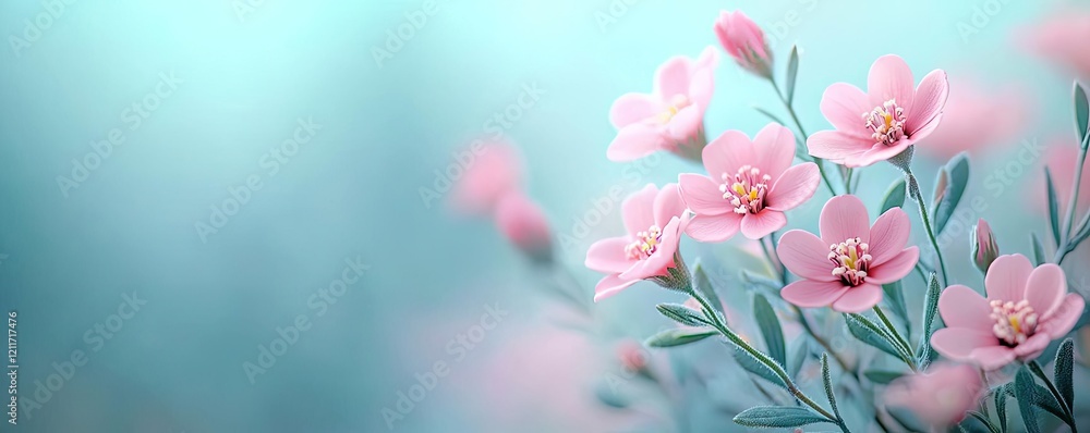 Obraz premium Pastel spring idea. Delicate pink flowers in a serene blurred background, evoking tranquility and beauty.