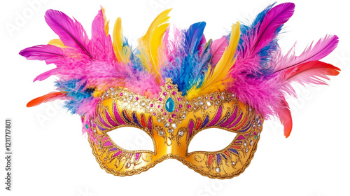 Golden masquerade mask with colorful feathers and intricate patterns, adorned with gemstones and decorative details, elegant party accessory isolated on a white background.

 photo