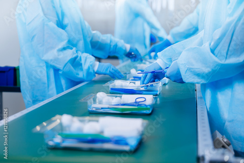 Tableau sur toile Medicine factory, sterile box production line for medical instruments and surgical kits