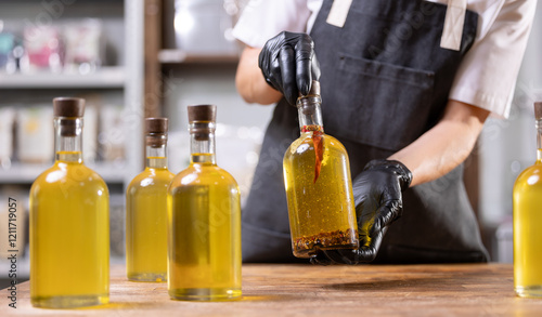 Photos Craft fresh sunflower oil bottling in glasses bottle
