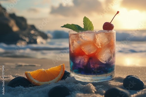 Sunset beach cocktail, layered, ice, orange, cherry, mint.