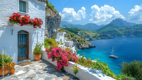 Embrace the allure of Mediterranean architecture with this enchanting image. A cluster of whitewashed houses adorned with colorful flowers overlooks a tranquil bay.