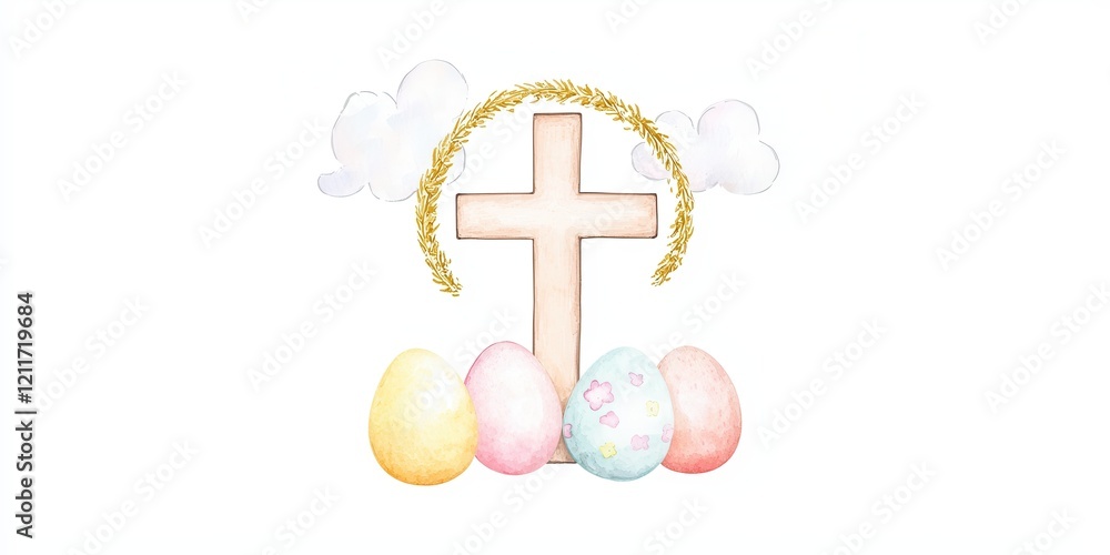 Obraz premium Colorful Easter eggs with a cross and clouds, symbolizing renewal.