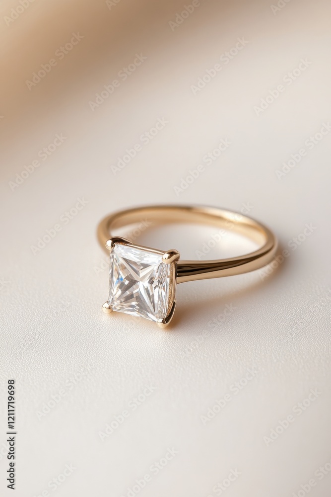 Elegant princess cut engagement ring displaying brilliant facets on a soft neutral background for timeless romance and beauty Elegant princess cut engagement ring displaying brilliant facets on a soft neutral background for timeless romance and beauty