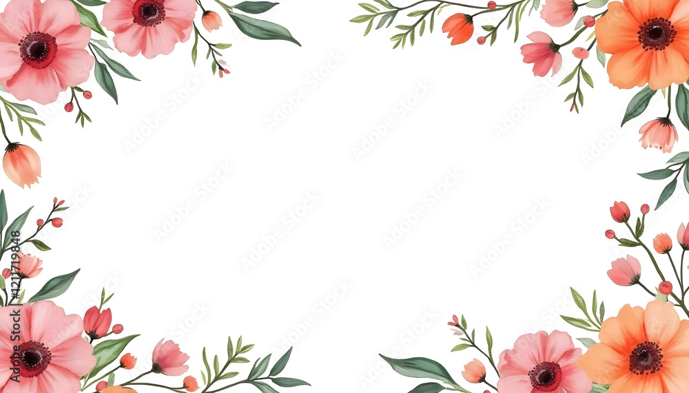 Fototapeta premium A seamless watercolor floral border with a variety of vibrant flowers and subtle greenery, designed to frame text or images on a white background