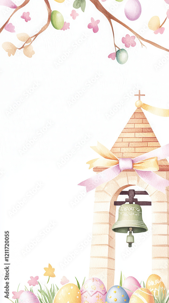 Fototapeta premium Easter theme with colorful eggs and a decorative bell tower.