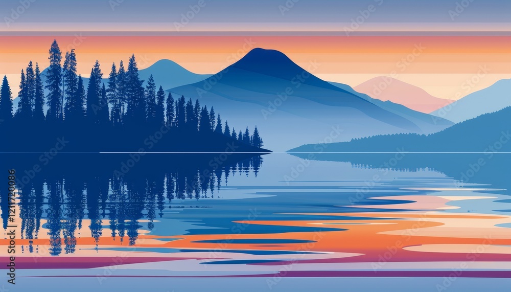 Fototapeta premium A serene lake with a line of pine trees on a small island, reflecting the beautiful sunset sky in the water.