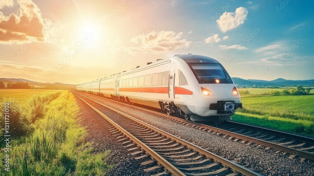 Fototapeta premium A sleek high-speed train gliding through a scenic countryside, with vibrant green fields and distant mountains, showcasing the beauty of modern travel