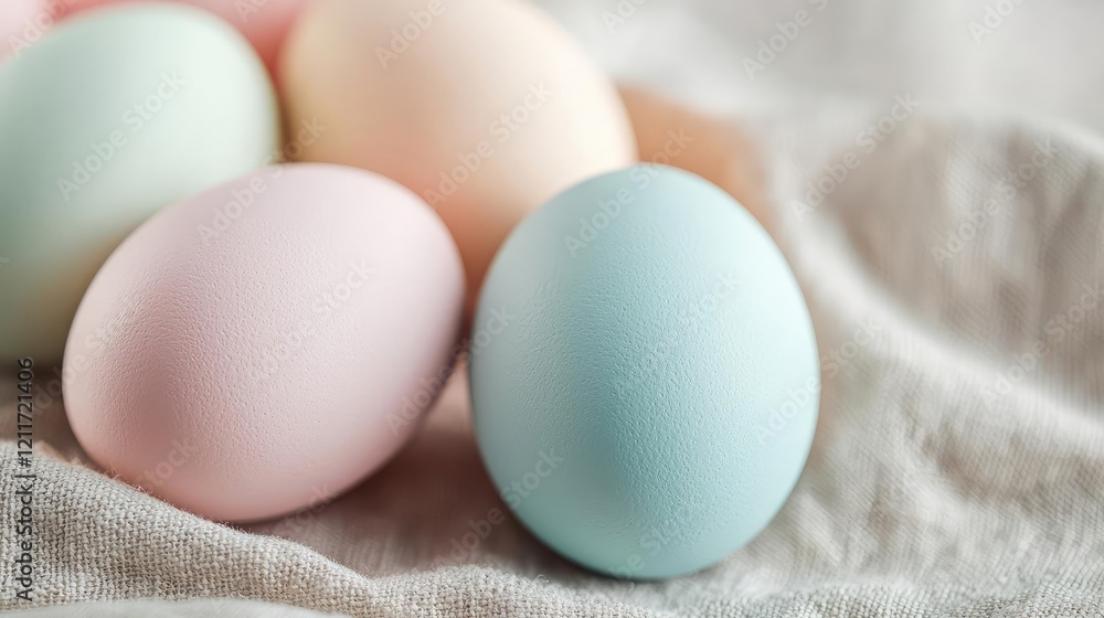 Pastel easter idea. Pastel colored eggs resting gently on a soft linen fabric, ideal for springtime themes. Pastel easter idea. Pastel colored eggs resting gently on a soft linen fabric, ideal for springtime themes.