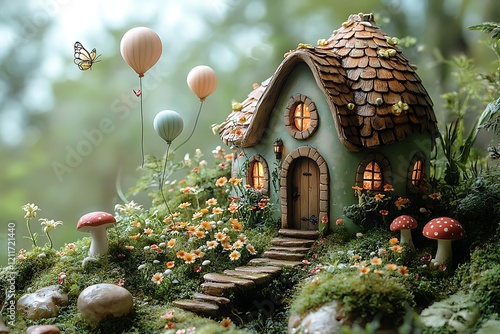 Adorable fairy tale mushroom house backdrop perfect for baby photoshoot.
