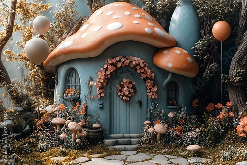 Adorable fairy tale mushroom house backdrop perfect for baby photoshoot.