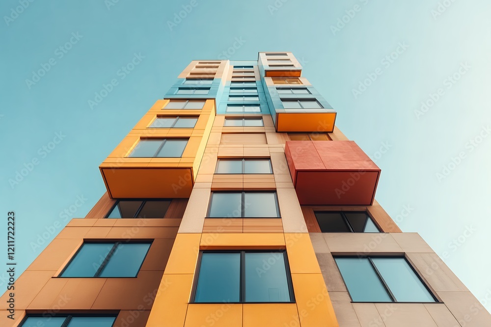 Vibrant Modern Residential Building with Colorful Facade and Geometric Design Elements in Urban Setting Vibrant Modern Residential Building with Colorful Facade and Geometric Design Elements in Urban Setting
