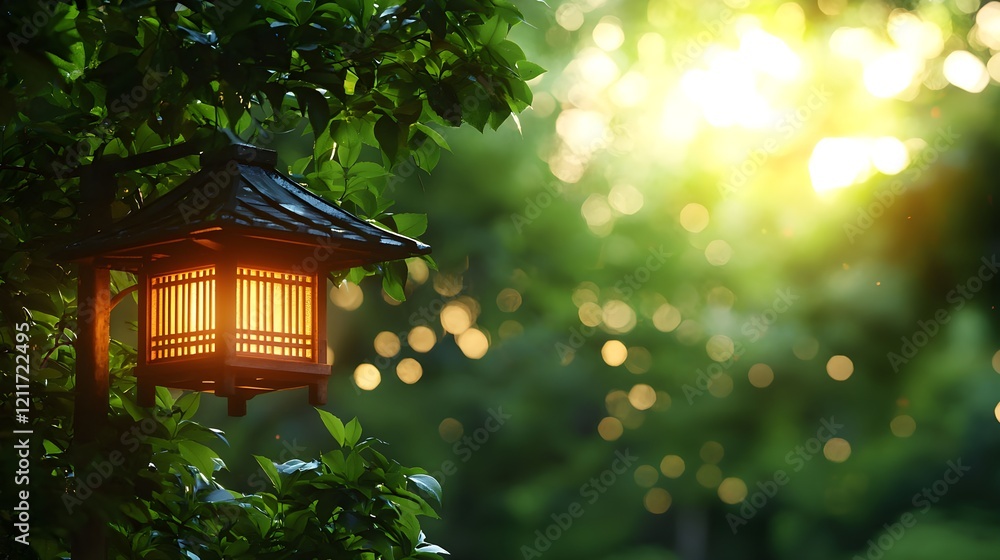 Illuminated Lantern Hanging Amidst Lush Greenery at Sunset Illuminated Lantern Hanging Amidst Lush Greenery at Sunset