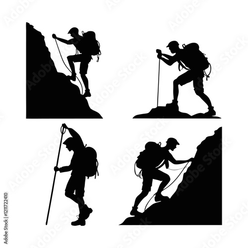 Black Silhouette of Men Climbing Rock Mountains - Vector Illustration