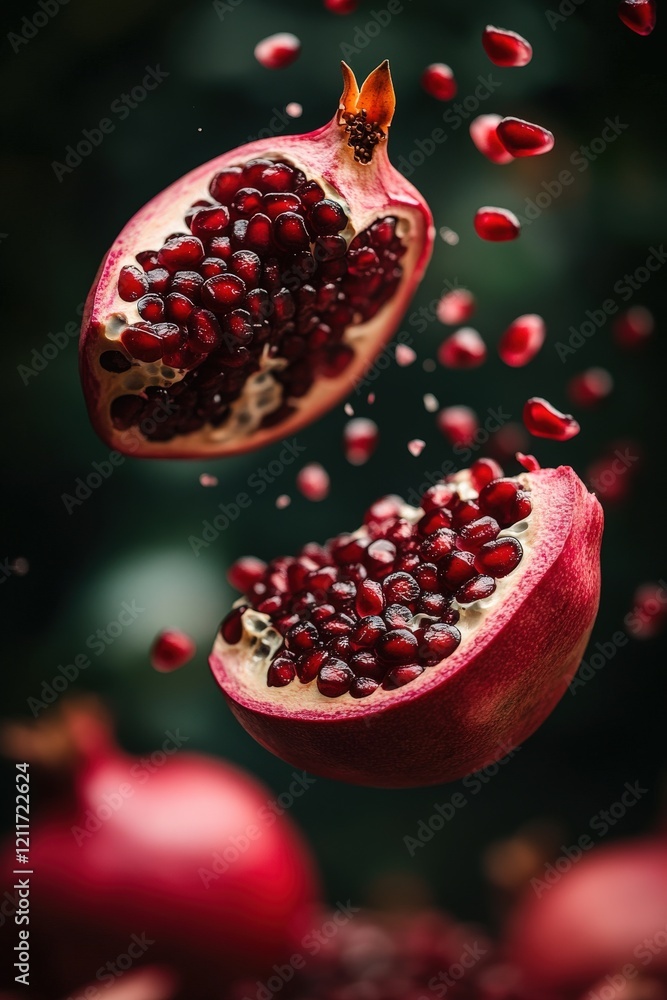Exploding pomegranate seeds, vibrant red jewel-toned fruit, levitation photography, healthy food. Exploding pomegranate seeds, vibrant red jewel-toned fruit, levitation photography, healthy food.
