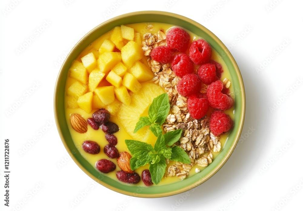 Tropical fruit smoothie bowl with mango, pineapple, raspberries, almonds, and granola. Tropical fruit smoothie bowl with mango, pineapple, raspberries, almonds, and granola.