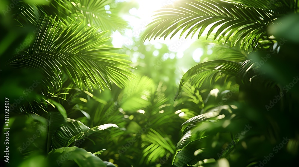 Lush Tropical Foliage with Sunlight Streaming Through Green Leaves Lush Tropical Foliage with Sunlight Streaming Through Green Leaves