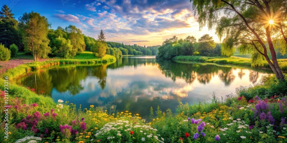 Obraz premium Serene Sunset Over a Calm Lake Surrounded by Lush Greenery and Vibrant Wildflowers Reflecting the Golden Hour Sky
