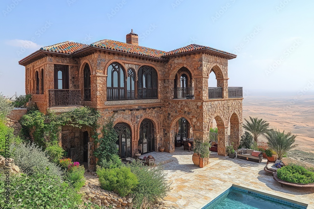 Fototapeta premium Stone villa, desert view, pool, lush landscaping.