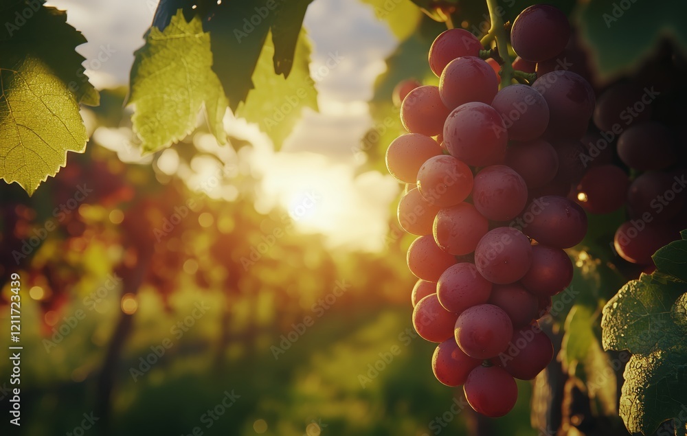 Fototapeta premium Grapes hanging on vine at sunset in a vineyard during late summer season