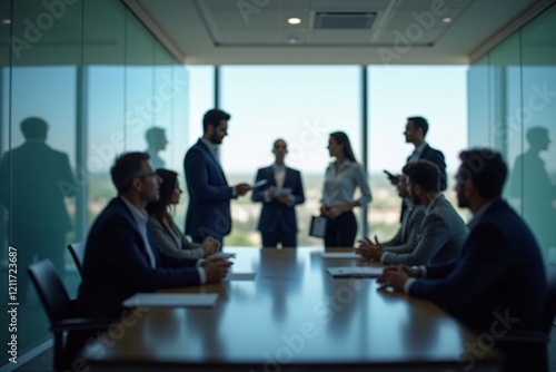 Business Team Having a Meeting in a Conference Room, Reflection of People and Table Through Glass Wall, Modern Office Collaboration Generative AI