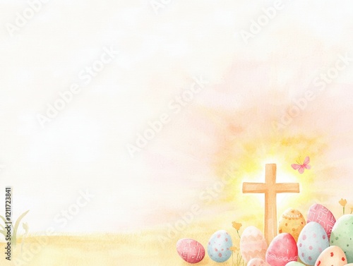 Easter eggs and a cross illuminated by a warm sunrise.
