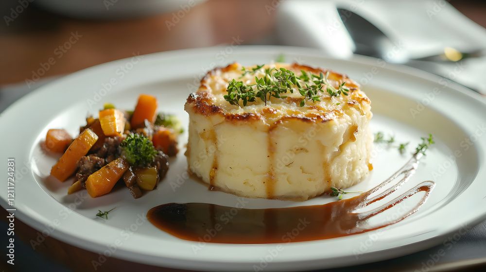 Elegantly Plated Single Serving Shepherd's Pie with Gourmet Vegetables Elegantly Plated Single Serving Shepherd's Pie with Gourmet Vegetables