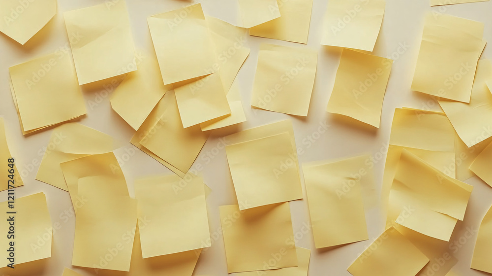 Multiple yellow sticky notes scattered across a flat light-colored surface creating a casual and abstract composition
Multiple yellow sticky notes scattered across a flat light-colored surface creating a casual and abstract composition