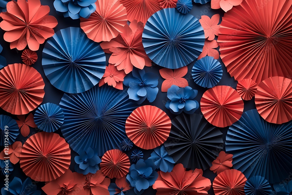 Naklejka premium Patriotic fan-shaped paper decorations create a vibrant backdrop.