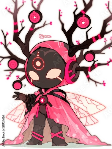 Drawing of a character with pink and black colors featuring unique design and expressive features in a creative art style