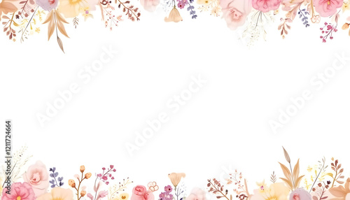 Fototapeta Naklejka Na Ścianę i Meble -  A seamless watercolor floral border with a variety of vibrant flowers and subtle greenery, designed to frame text or images on a white background