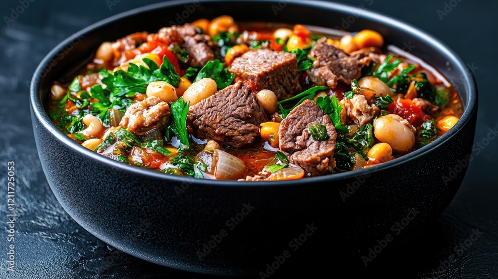 Hearty beef stew in bowl, dark background, close-up, food photography, recipe illustration Hearty beef stew in bowl, dark background, close-up, food photography, recipe illustration