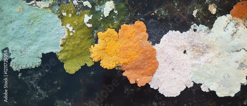 Variety of colorful lichen textures displaying crusty patterns on a dark surface photo