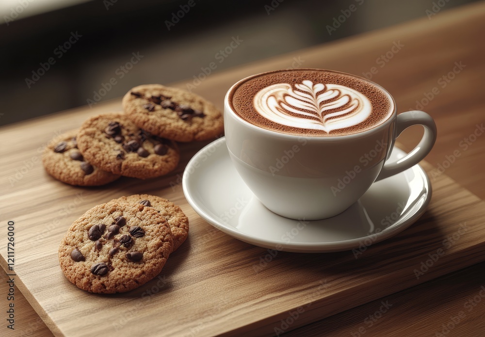 Latte art coffee with chocolate chip cookies on wooden tray. (1) Latte art coffee with chocolate chip cookies on wooden tray. (1)
