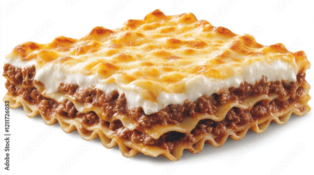 A traditional lasagna baked to perfection, layered with rich meat sauce, bchamel, and cheese, presented in a rustic dish that evokes home-cooked Italian warmth A traditional lasagna baked to perfection, layered with rich meat sauce, bchamel, and cheese, presented in a rustic dish that evokes home-cooked Italian warmth