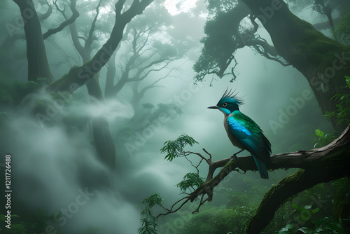 The overall composition captures a mix of natural elegance and tension, emphasizing the bird’s role as a fierce yet harmonious protector of the forest photo