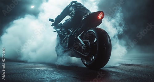 Motorcycle rider performing a burnout in a cloud of smoke at night on an empty urban street