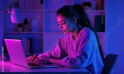 Focused young woman working on laptop in modern home office bathed in blue and purple light during nighttime studying