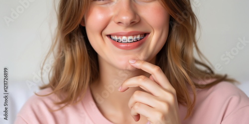 Cheerful young woman with braces smiling for orthodontic care and treatment banner