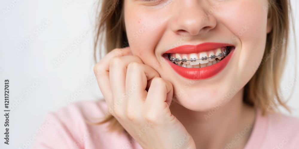 Cheerful young woman with braces smiling for orthodontic care and treatment banner Cheerful young woman with braces smiling for orthodontic care and treatment banner