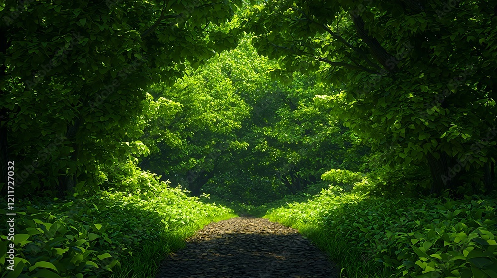 Serene Forest Path Surrounded by Lush Green Foliage and Trees