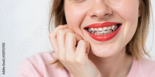 Cheerful young woman with braces smiling for orthodontic care and treatment banner