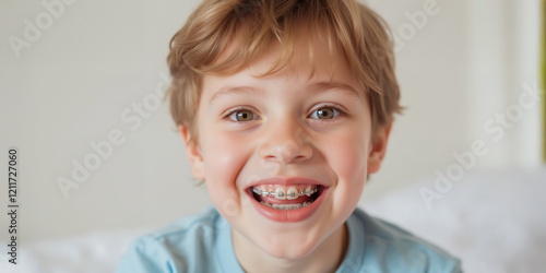 Happy young boy with braces smiling for dental care advertisement banner, orthodontic services, children's health, and other related fields.