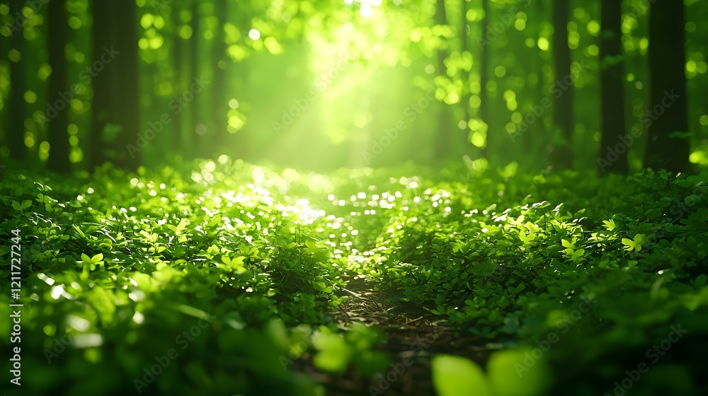 Lush Green Forest Pathway Under Soft Sunlight Natural Setting Lush Green Forest Pathway Under Soft Sunlight Natural Setting