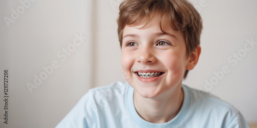 Happy young boy with braces smiling for dental care advertisement banner, orthodontic services, children's health, and other related fields.