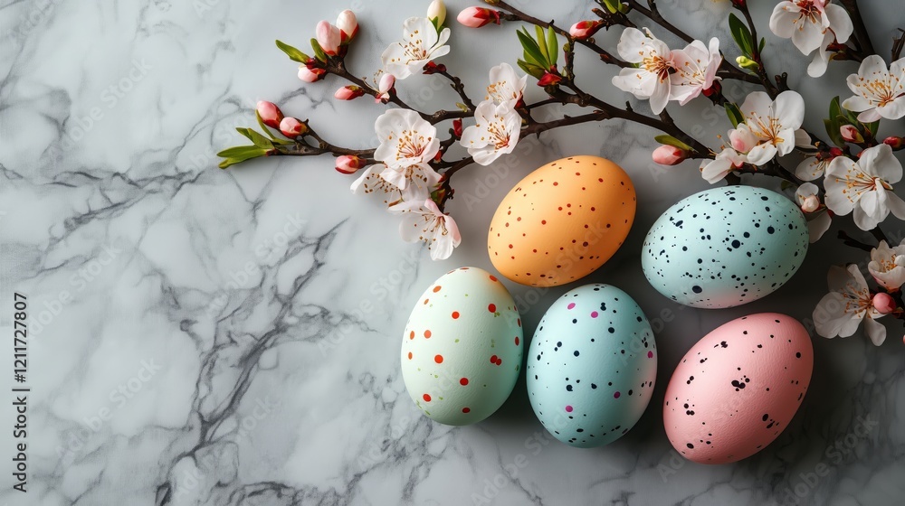 Colorful Easter eggs arranged with cherry blossoms on a marble surface for spring celebration Colorful Easter eggs arranged with cherry blossoms on a marble surface for spring celebration